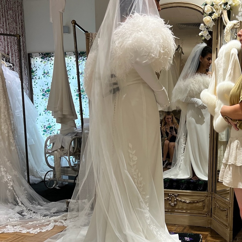 Yvonne Le Fleur Elegant White Wedding Dress with Ostrich Feather Detail - Picture 6 of 13